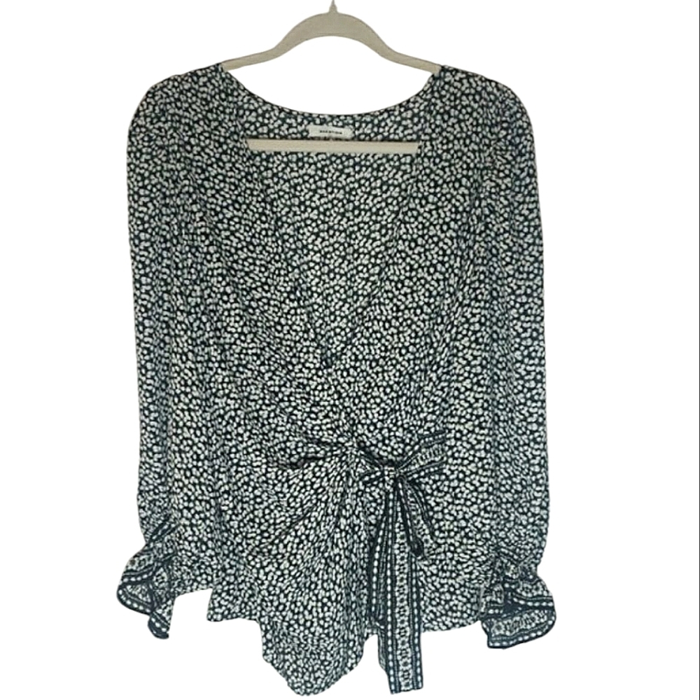 Max Studio Tie Front Wrap Blouse Black Green White Floral Long Sleeve V-neck